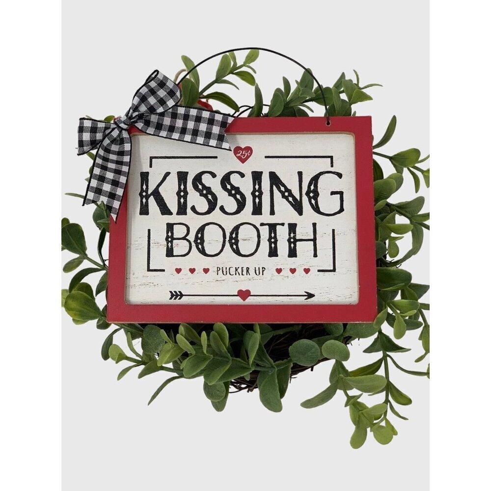 Valentine Kissing Booth Sign Buffalo Check Bow Rustic Farmhouse Tier Tray Decor